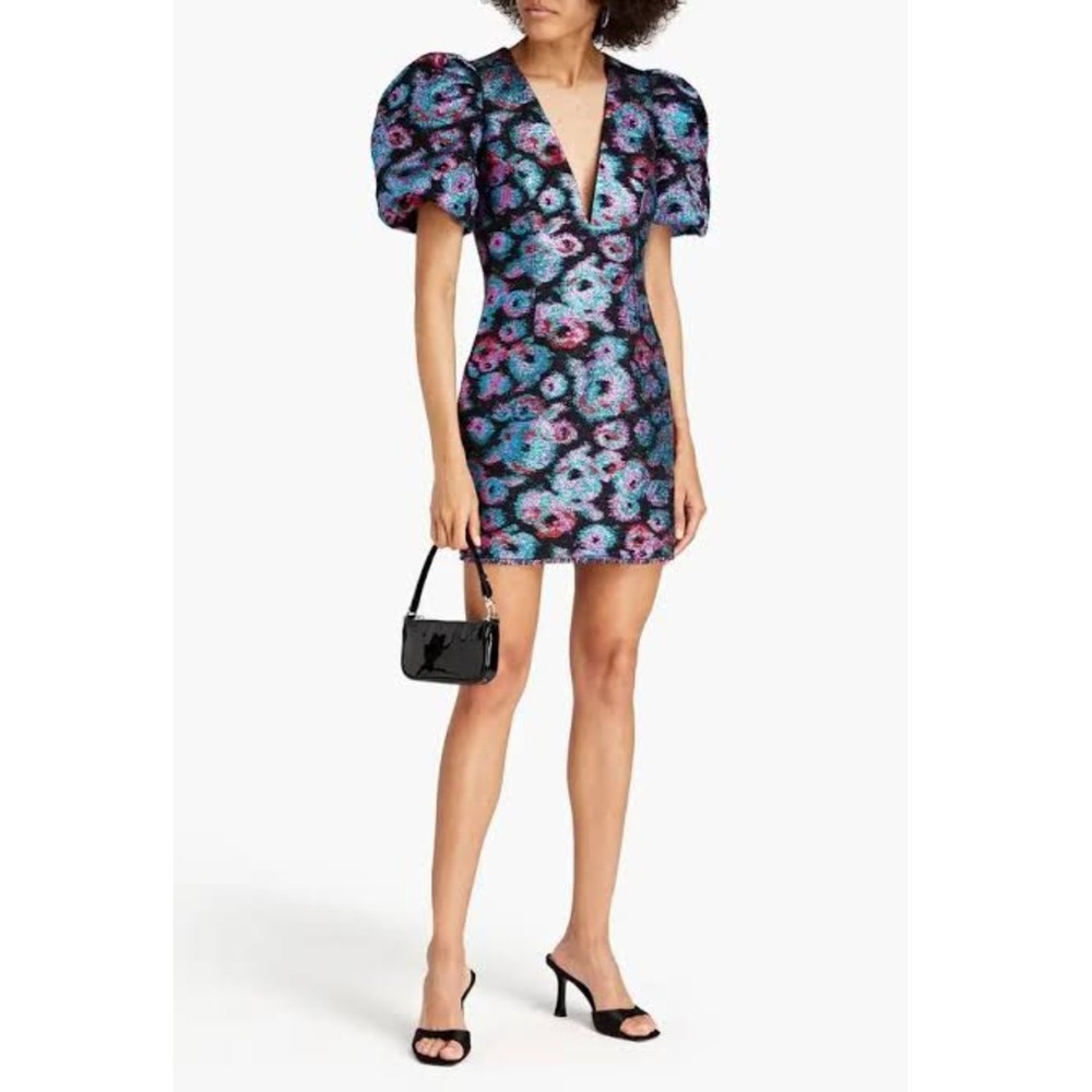 Rebecca Vallance Leila Puff Sleeve Mini Dress Metallic Jacquard Sz 0